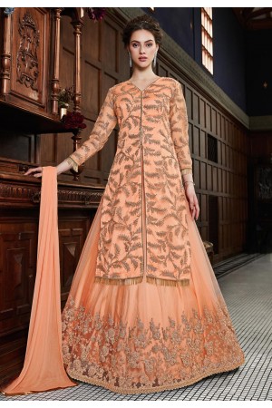 Peach net embroidered indo western lehenga choli  4536